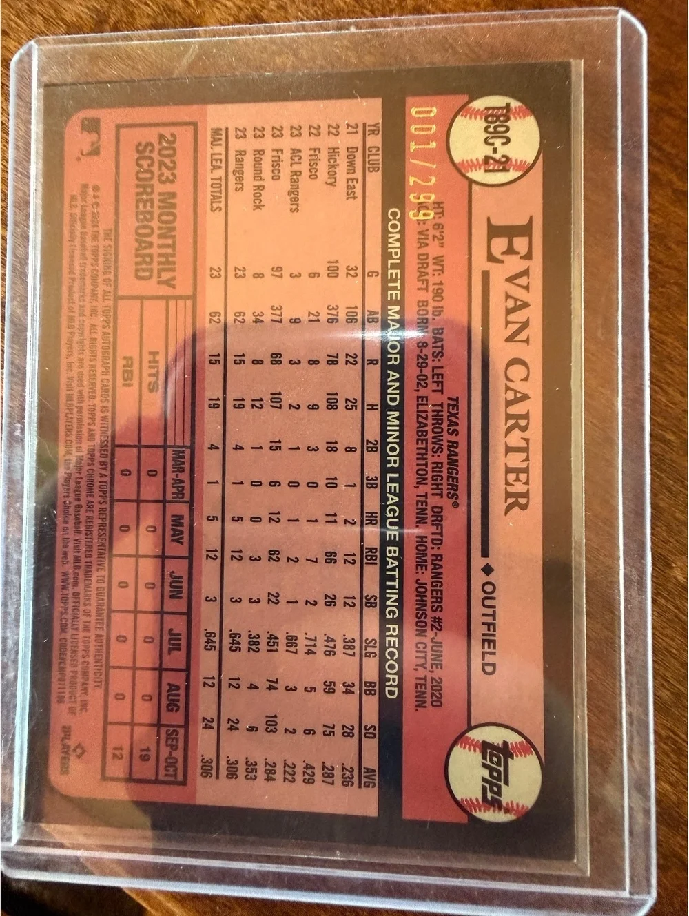 2024 Topps Chrome Evan Carter Rookie Autograph #D01/299 Texas Rangers Baseball